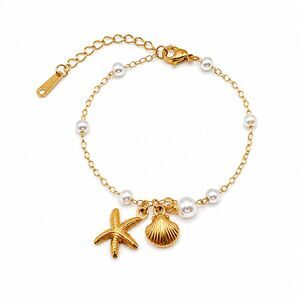 18K Gold Plated Starfish Shell Pearl Charm Bracelet Stainless Steel Coastal NWT